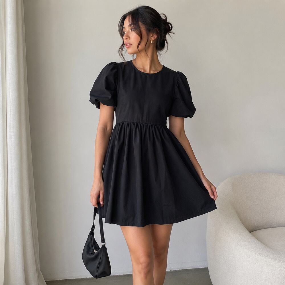 Oak + Fort Black Puff Sleeve Tie Back Mini Dress Sz S